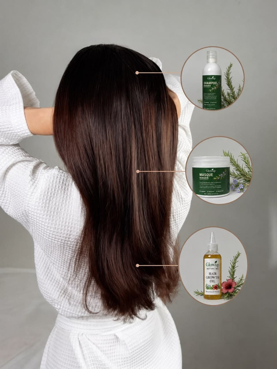 Routine capillaire Glowup Nature : shampooing, masque et huile de croissance romarin