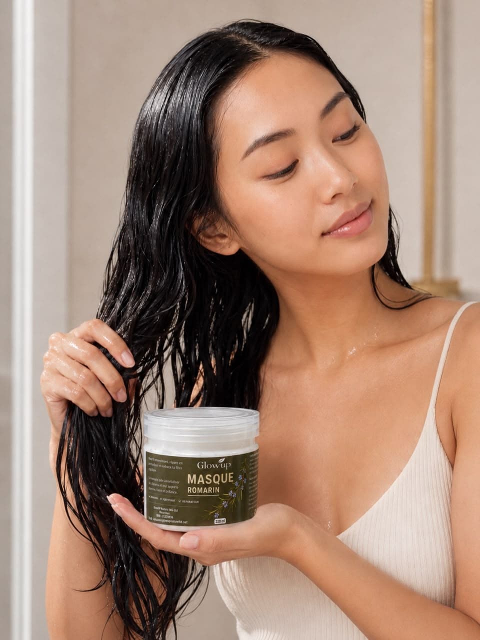 Application du masque capillaire romarin Glowup Nature