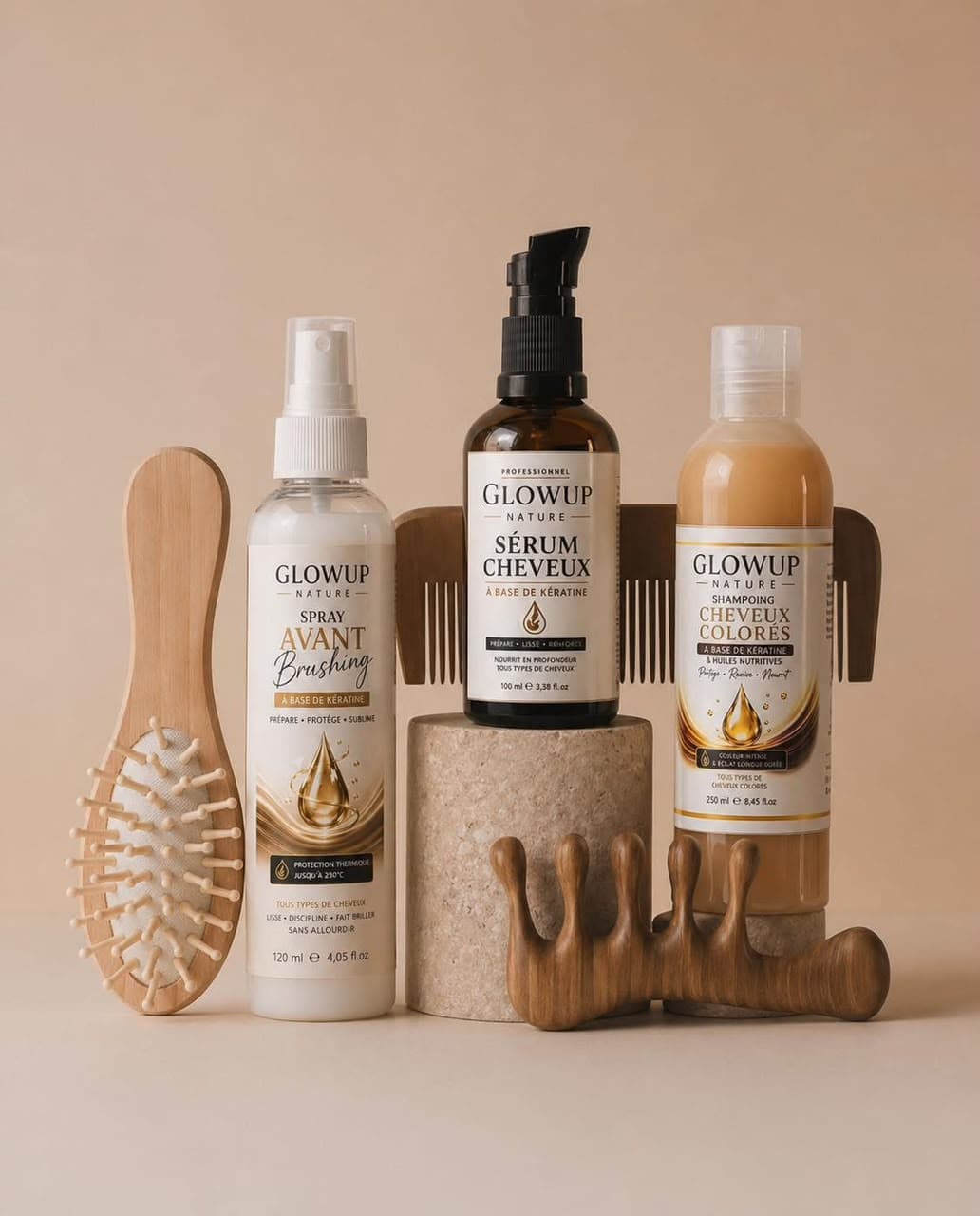 Spray avant-brushing, sérum et shampooing Glowup Nature